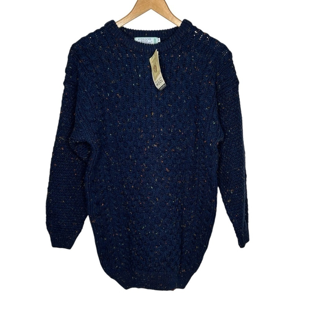 New Highland Home Industries Sm Women Speckled Sweater Wool Blue Honeycomb Knit